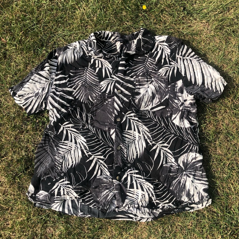 George Black and White Tropical Print Button-Down Shirt